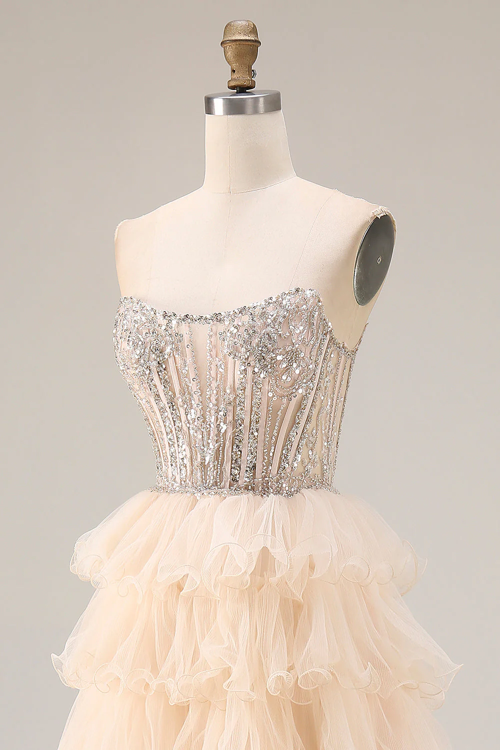 Apricot Strapless A-Line Tiered Sequins Beaded Long Prom Dress with Slit - Image 6