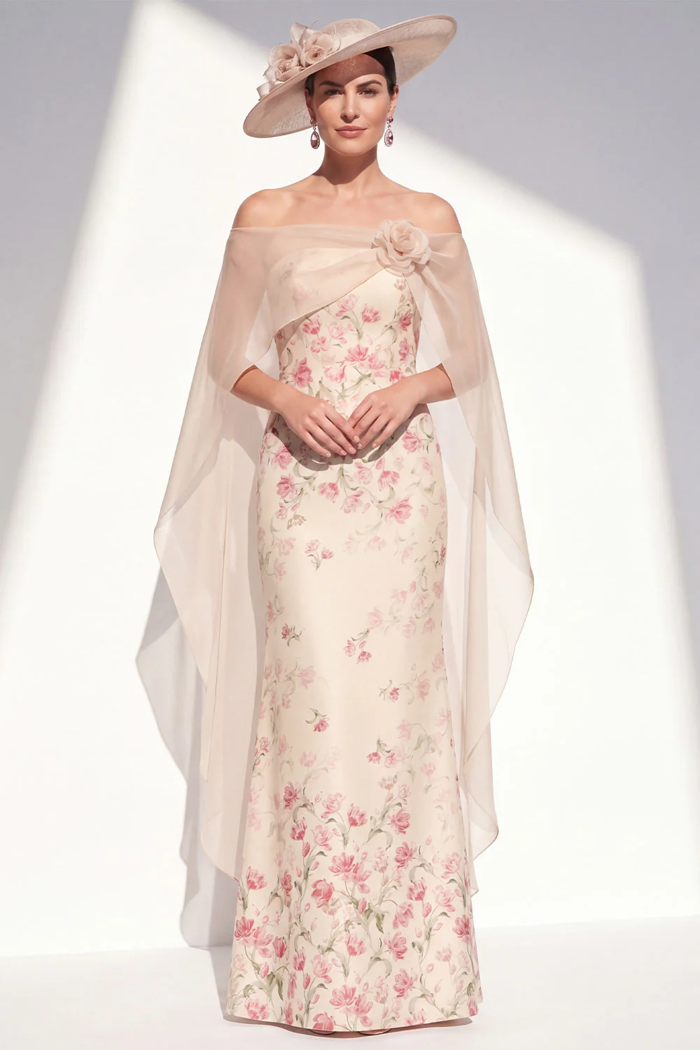 Apricot Strapless Mermaid Floral Long Mother Of the Bride Dress with Cape - Image 3