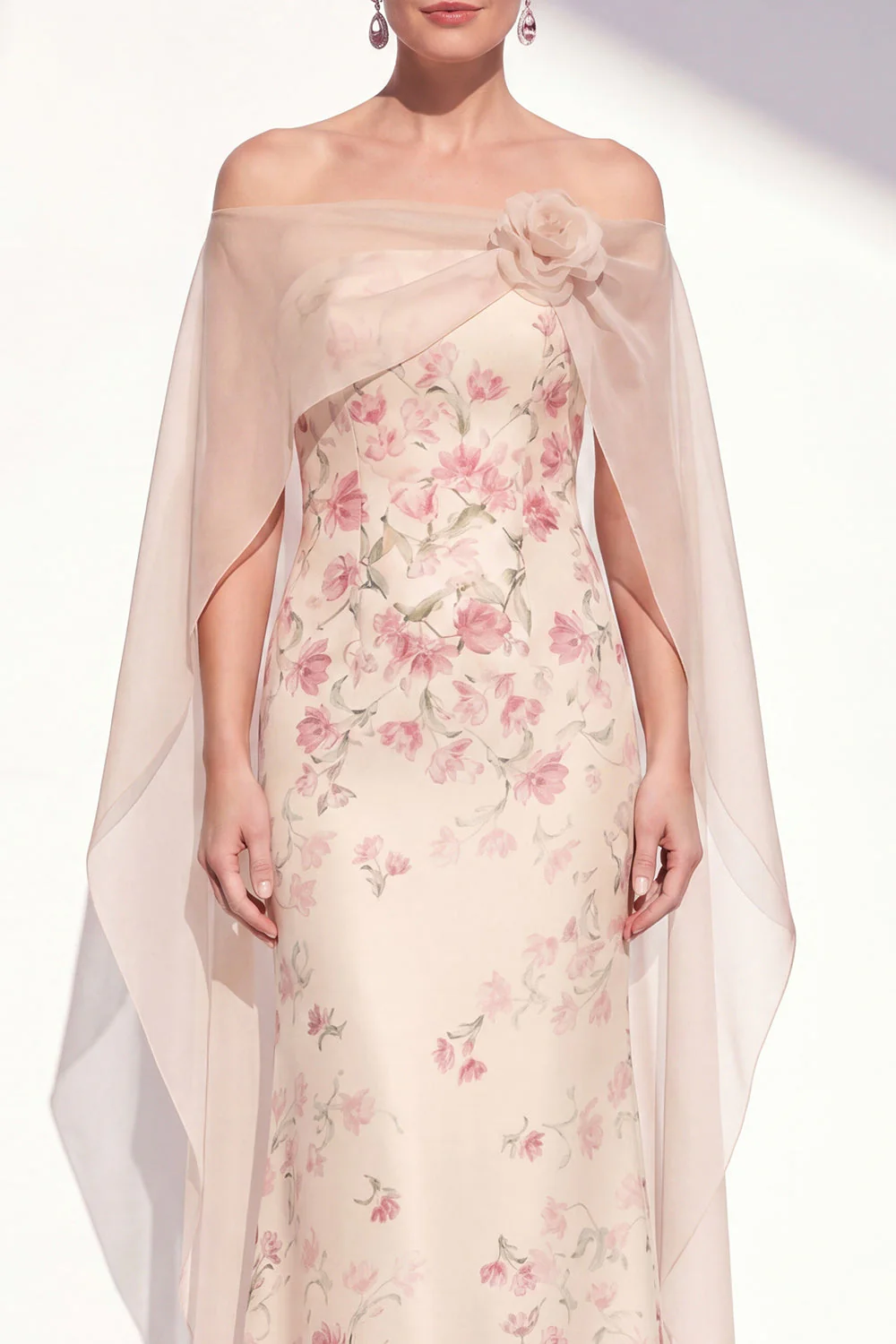 Apricot Strapless Mermaid Floral Long Mother Of the Bride Dress with Cape - Image 4