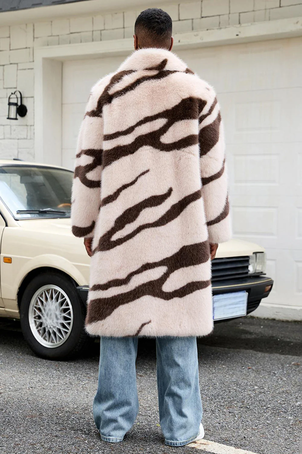 Apricot Zebras Faux Fur Open Front Long Men's Coat - Image 2