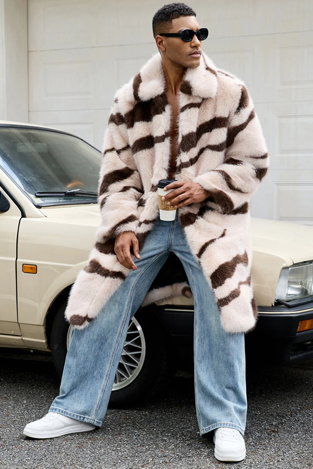 Apricot Zebras Faux Fur Open Front Long Men's Coat - Image 3