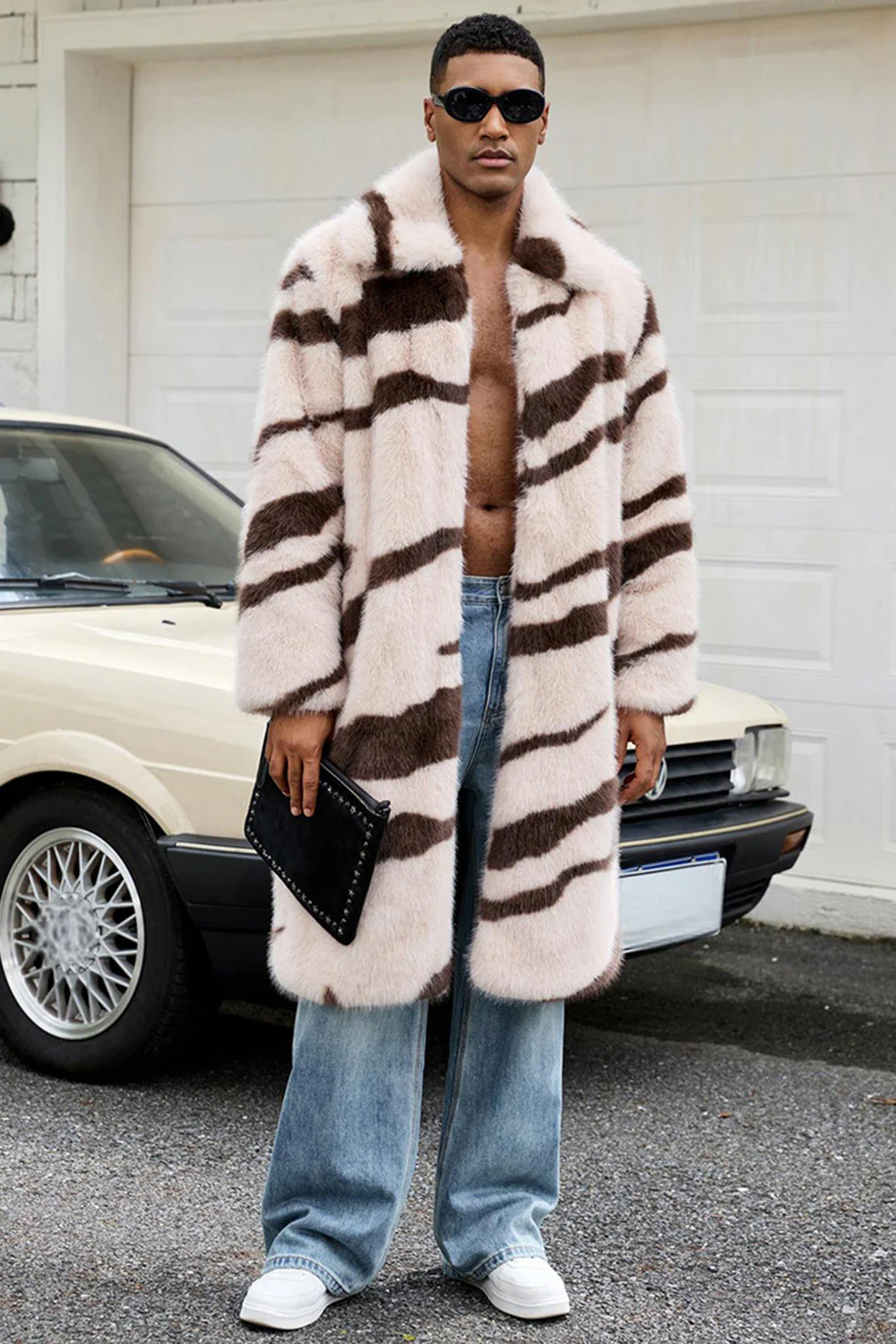 Apricot Zebras Faux Fur Open Front Long Men's Coat - Image 4