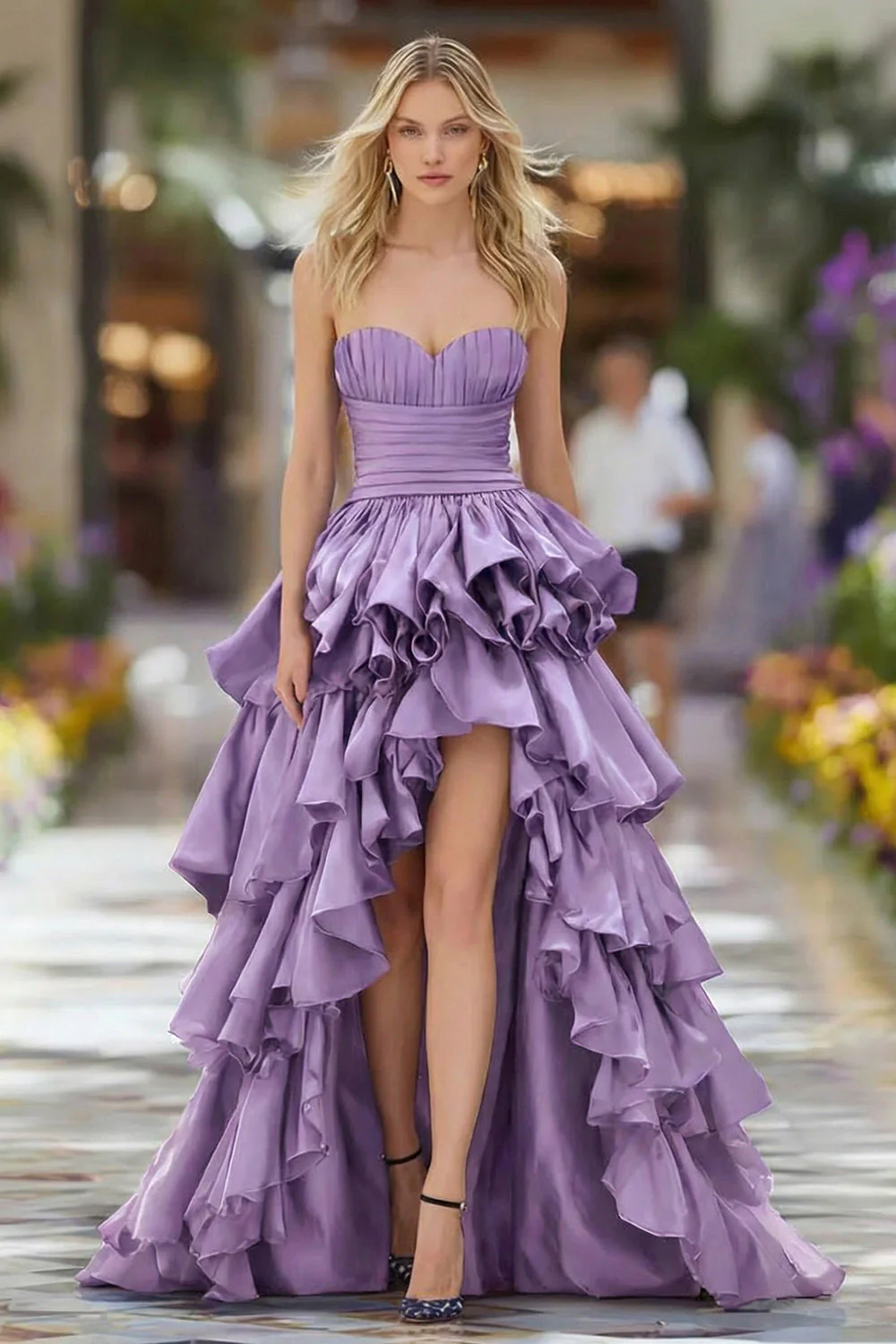 Army Green Ruffled A Line Strapless Long Prom Dress with High Slit - Image 8