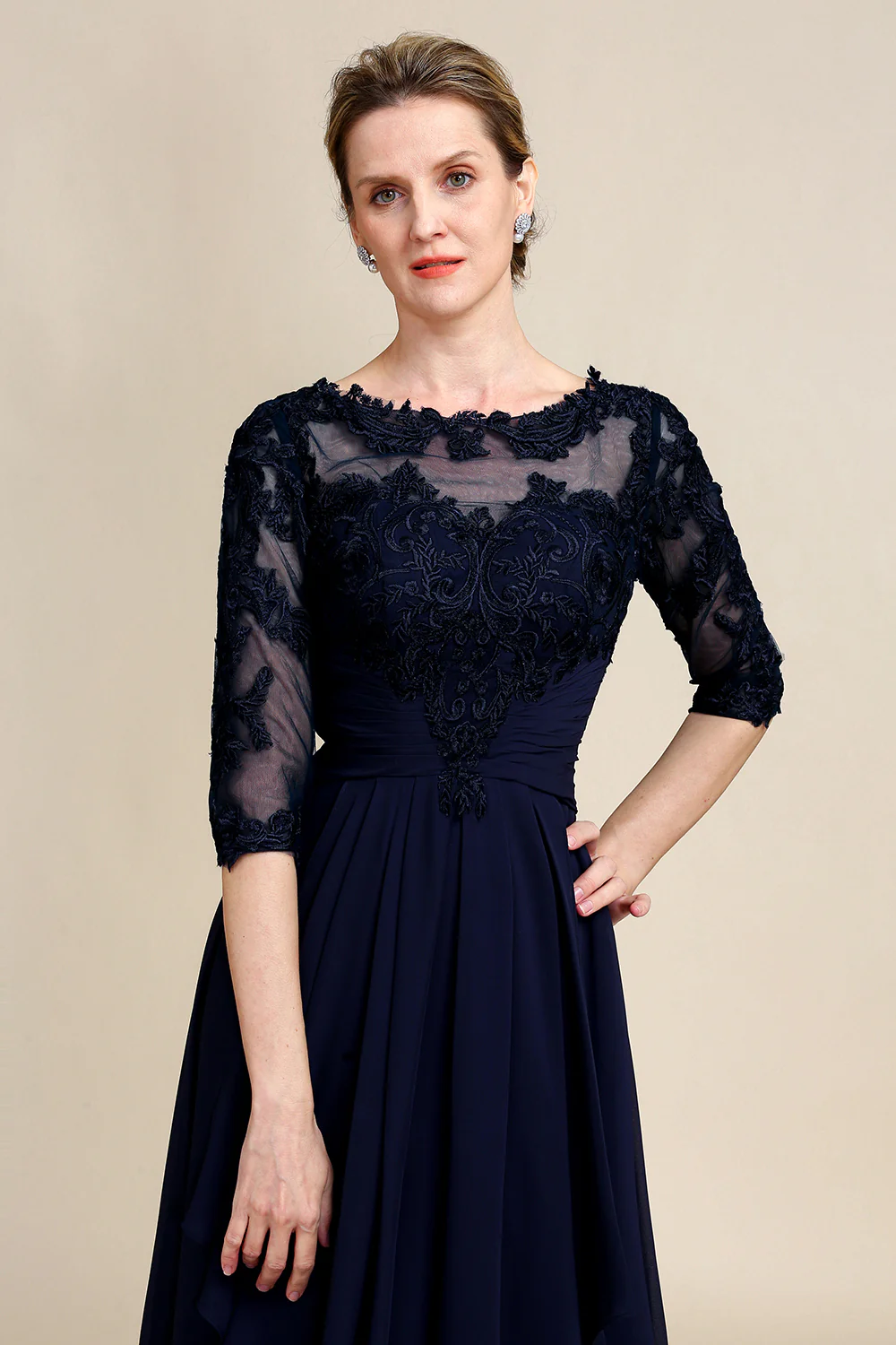 Asymmetrical Navy Mother of Bride Dress with Long Sleeves - Image 3