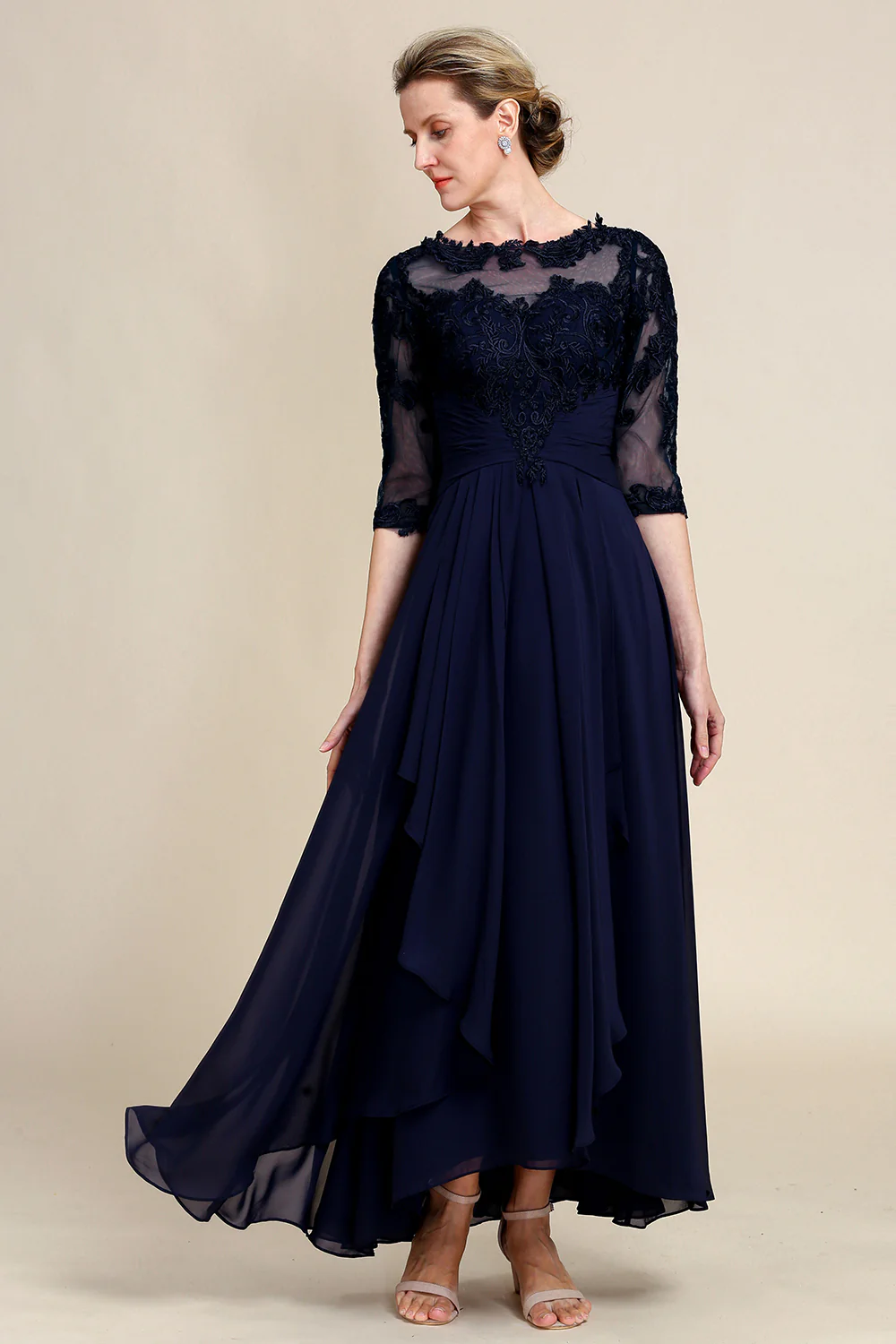 Asymmetrical Navy Mother of Bride Dress with Long Sleeves - Image 4