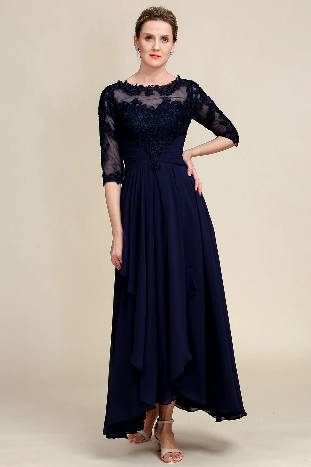 Asymmetrical Navy Mother of Bride Dress with Long Sleeves - Image 5