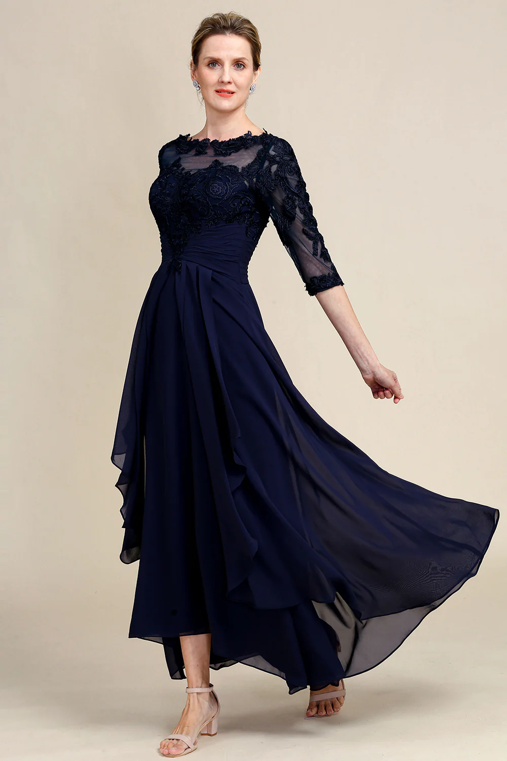 Asymmetrical Navy Mother of Bride Dress with Long Sleeves - Image 6