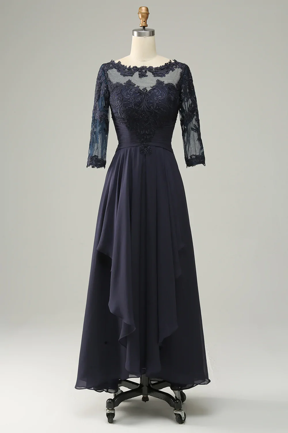 Asymmetrical Navy Mother of Bride Dress with Long Sleeves - Image 7