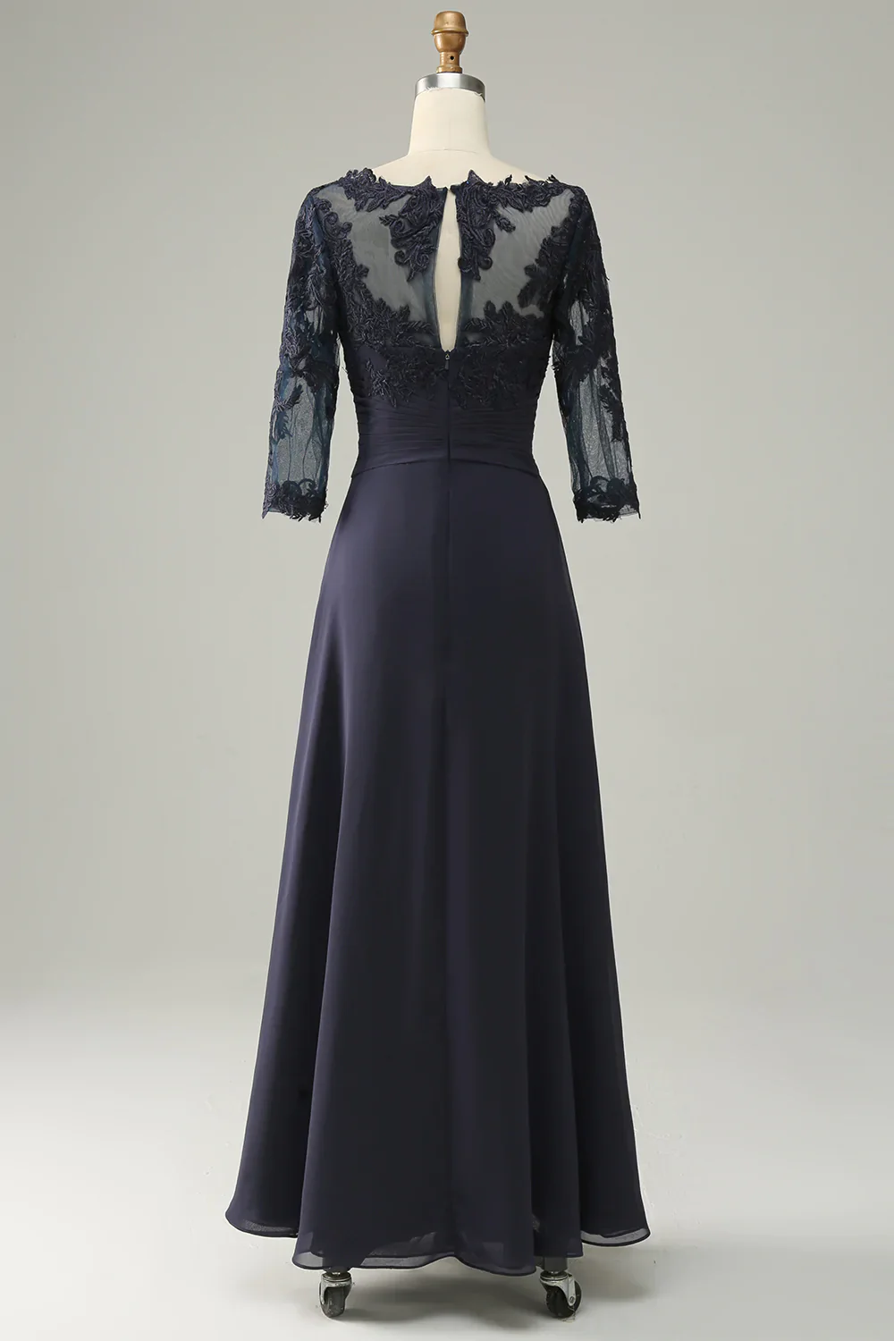 Asymmetrical Navy Mother of Bride Dress with Long Sleeves - Image 8