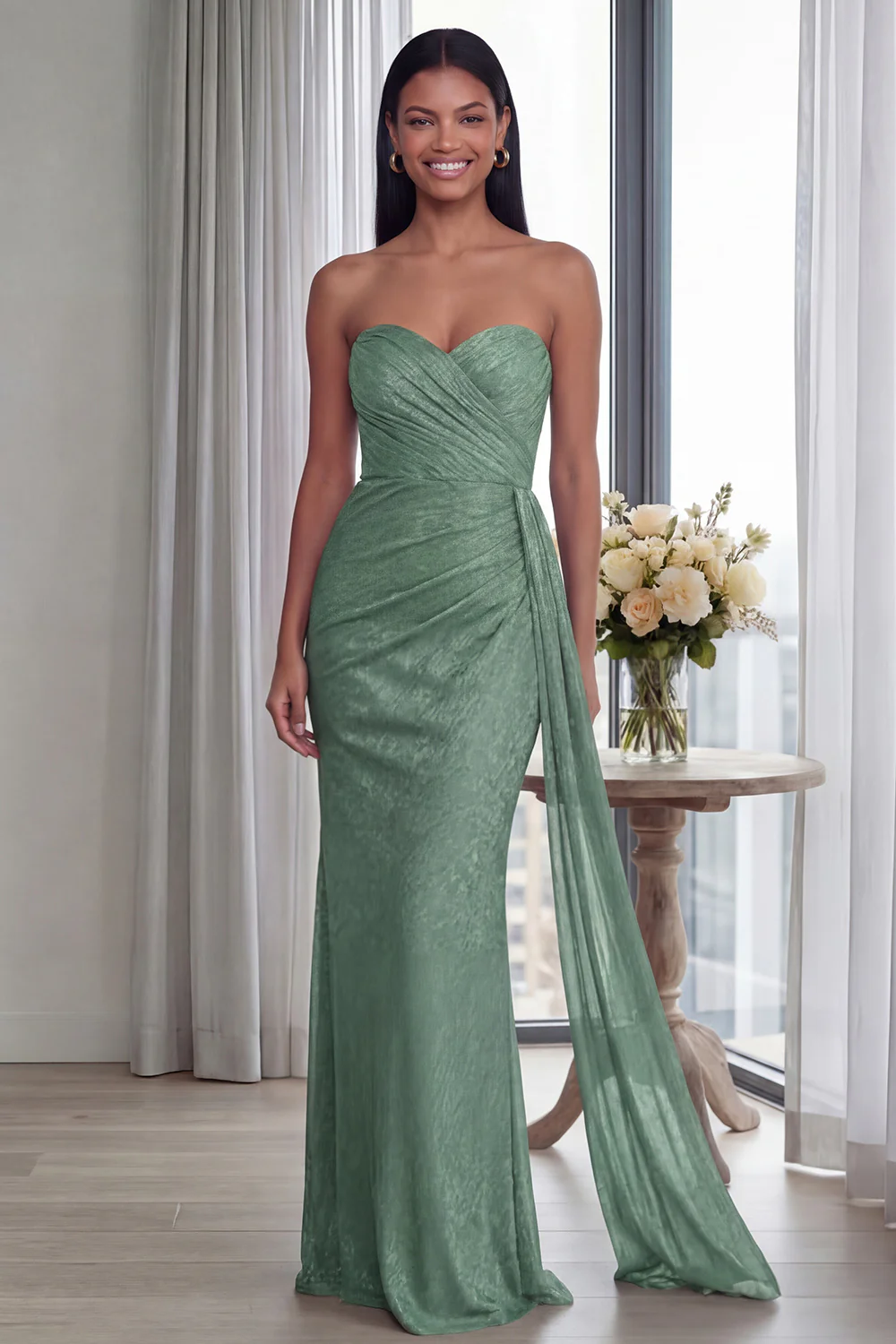 Back Strapless Sheath Ruched Long Evening Dress with Ribbon - Image 10