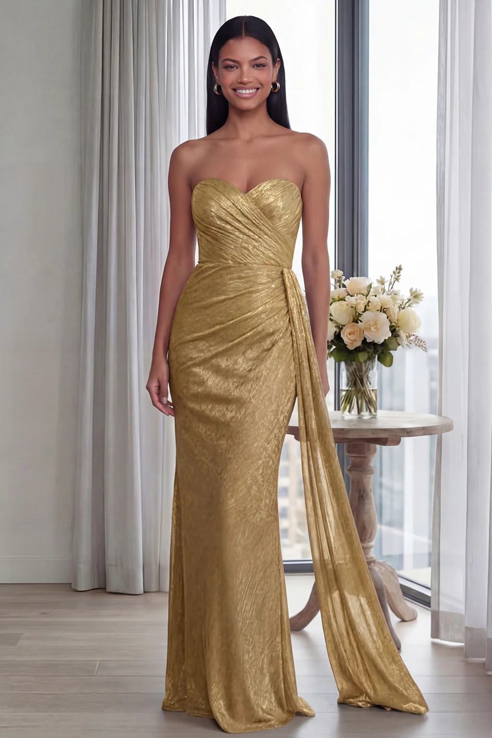 Back Strapless Sheath Ruched Long Evening Dress with Ribbon - Image 11