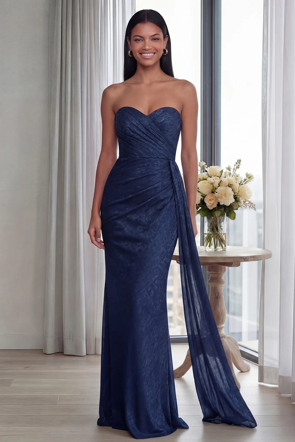 Back Strapless Sheath Ruched Long Evening Dress with Ribbon - Image 12