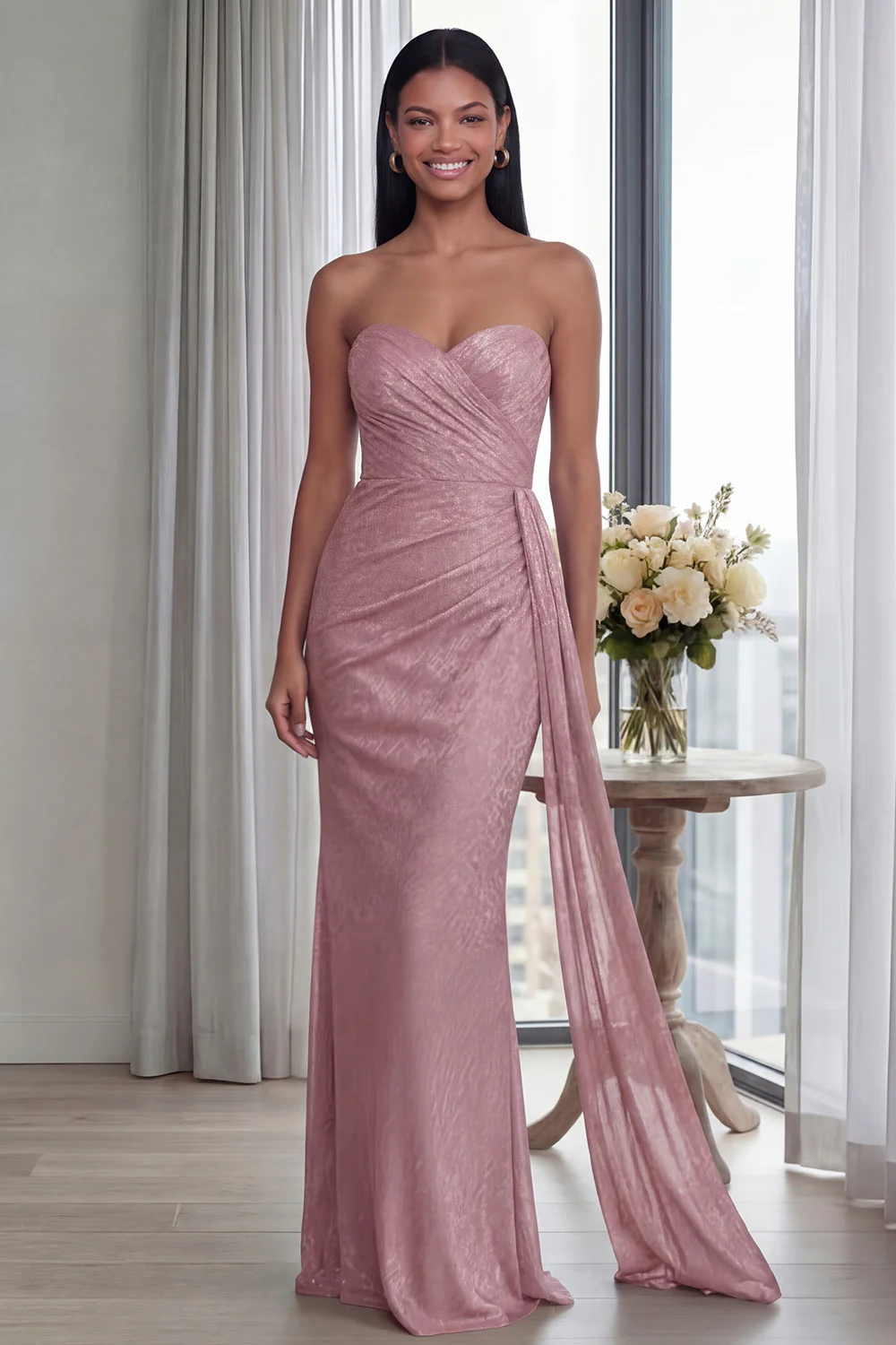 Back Strapless Sheath Ruched Long Evening Dress with Ribbon - Image 13