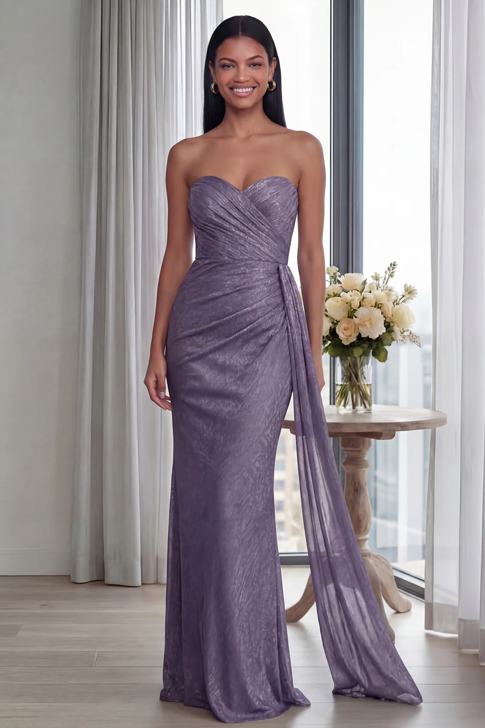 Back Strapless Sheath Ruched Long Evening Dress with Ribbon - Image 14