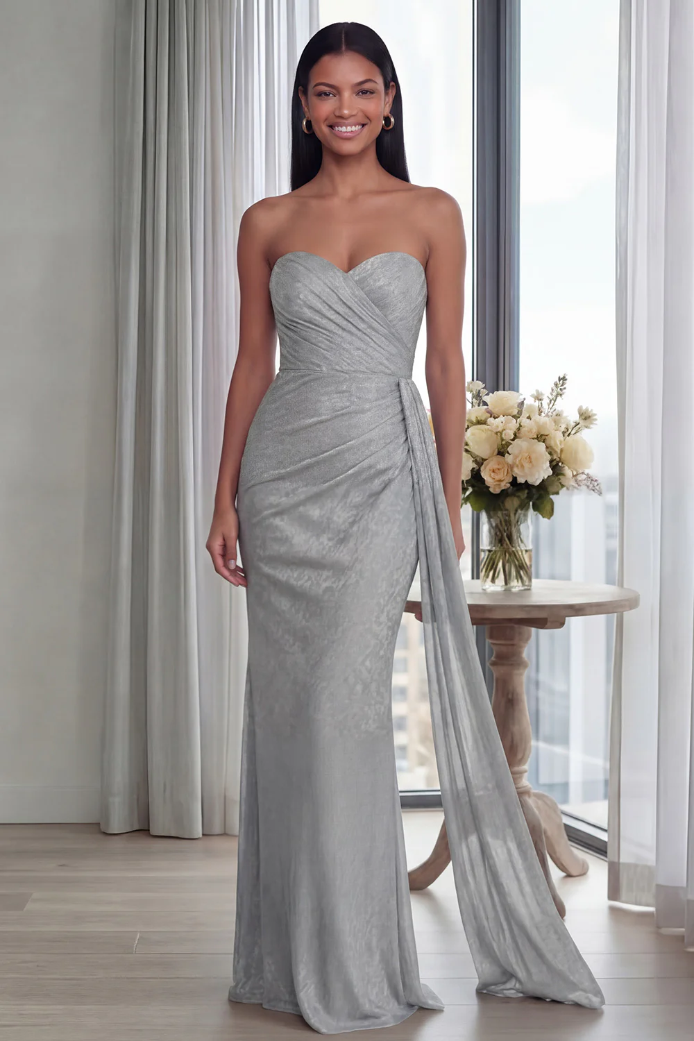 Back Strapless Sheath Ruched Long Evening Dress with Ribbon - Image 15