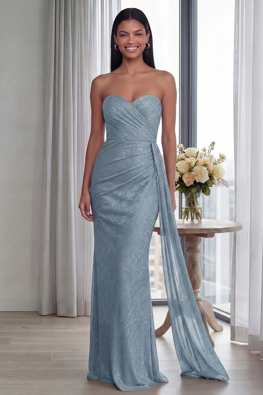 Back Strapless Sheath Ruched Long Evening Dress with Ribbon - Image 16