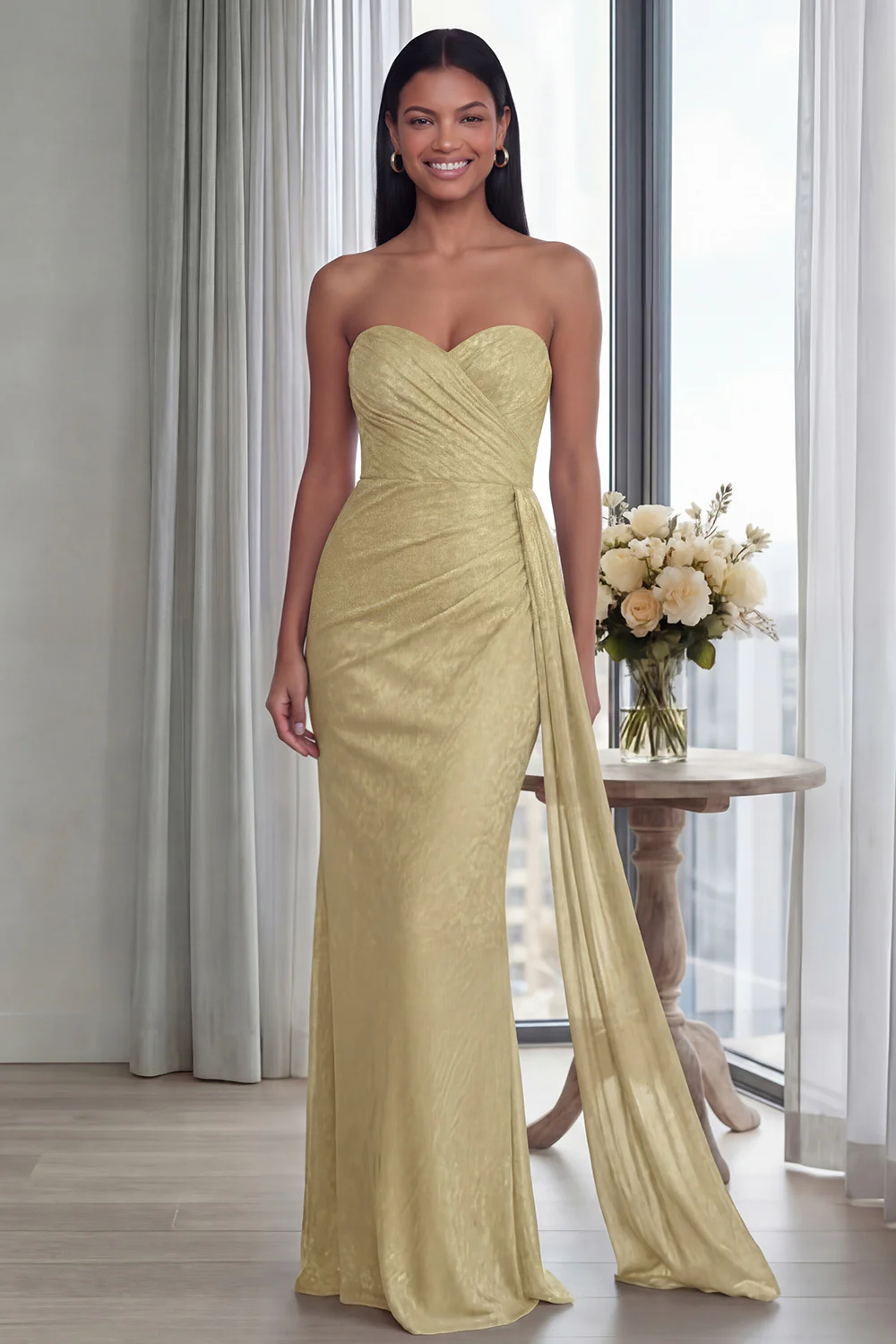 Back Strapless Sheath Ruched Long Evening Dress with Ribbon - Image 17