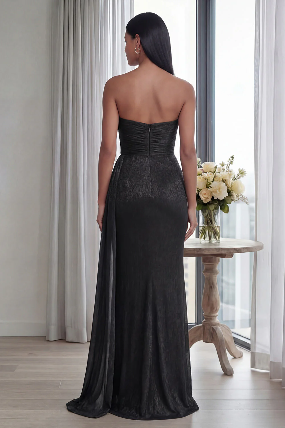 Back Strapless Sheath Ruched Long Evening Dress with Ribbon - Image 2