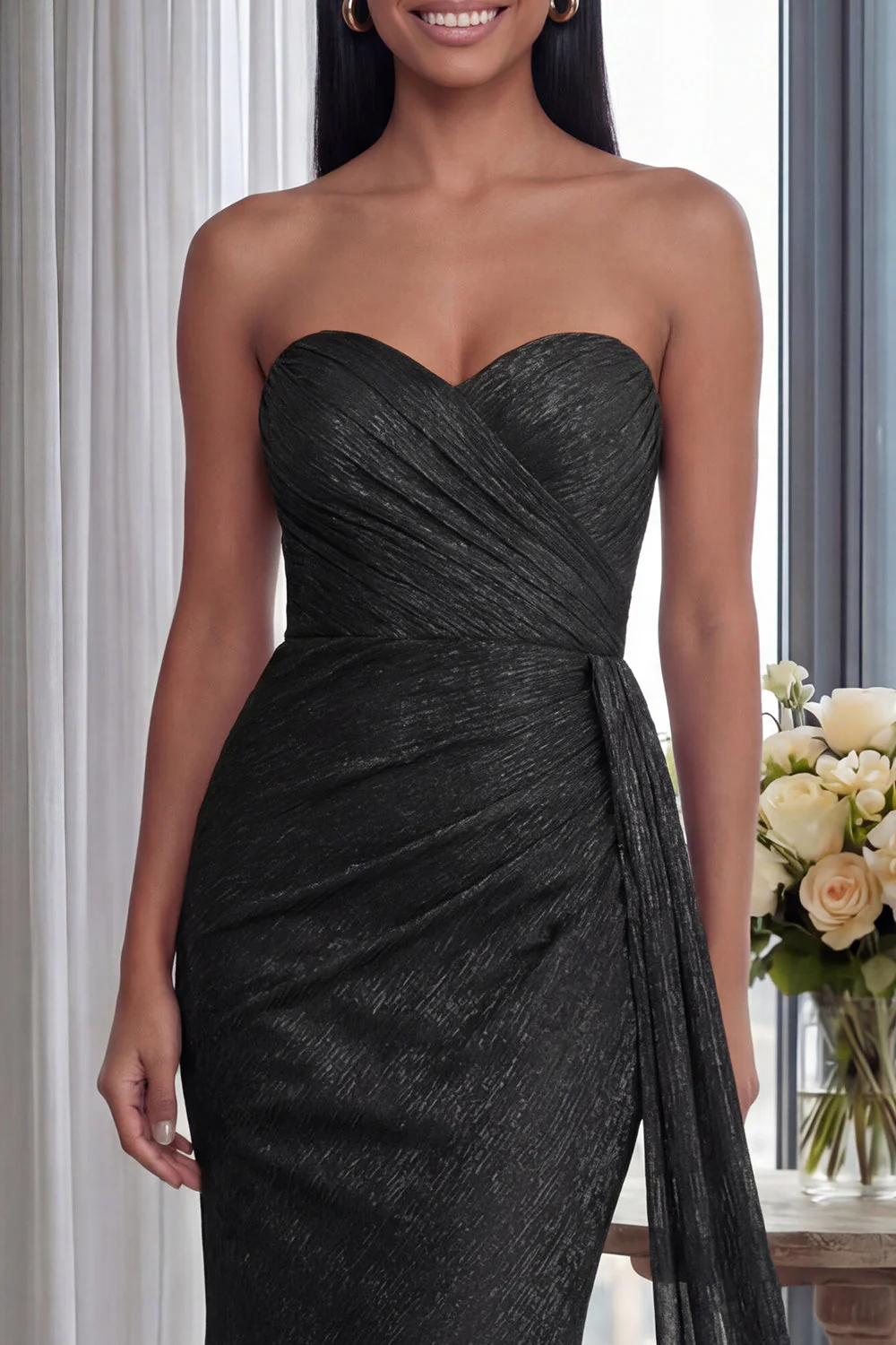 Back Strapless Sheath Ruched Long Evening Dress with Ribbon - Image 3