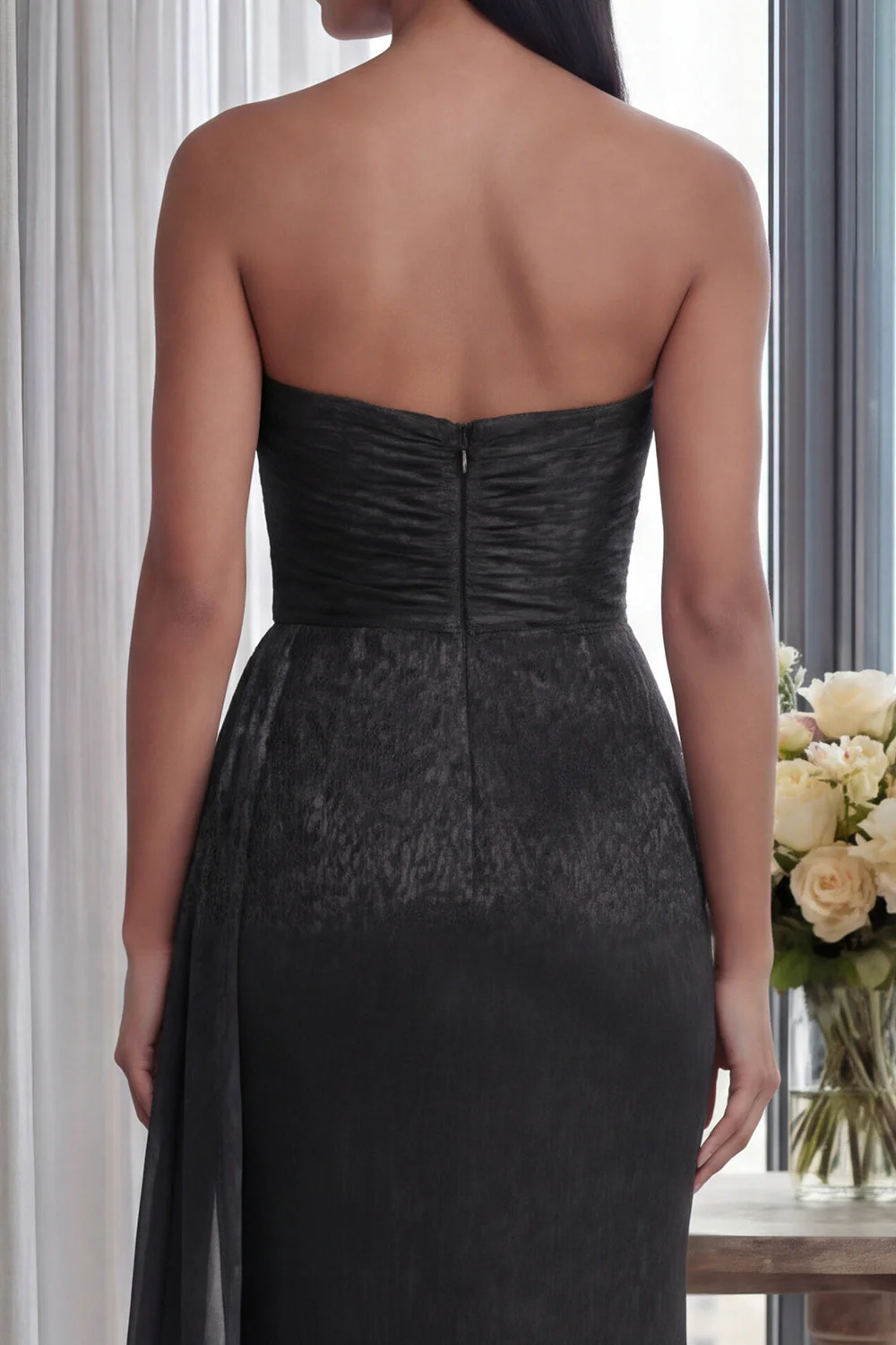 Back Strapless Sheath Ruched Long Evening Dress with Ribbon - Image 4
