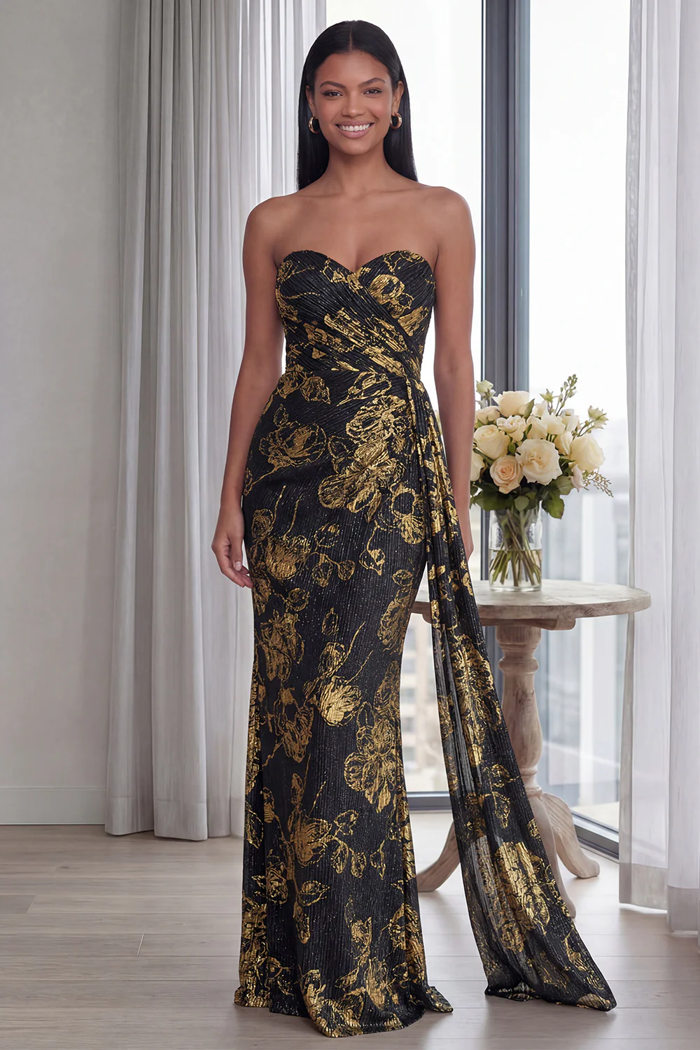 Back Strapless Sheath Ruched Long Evening Dress with Ribbon - Image 5