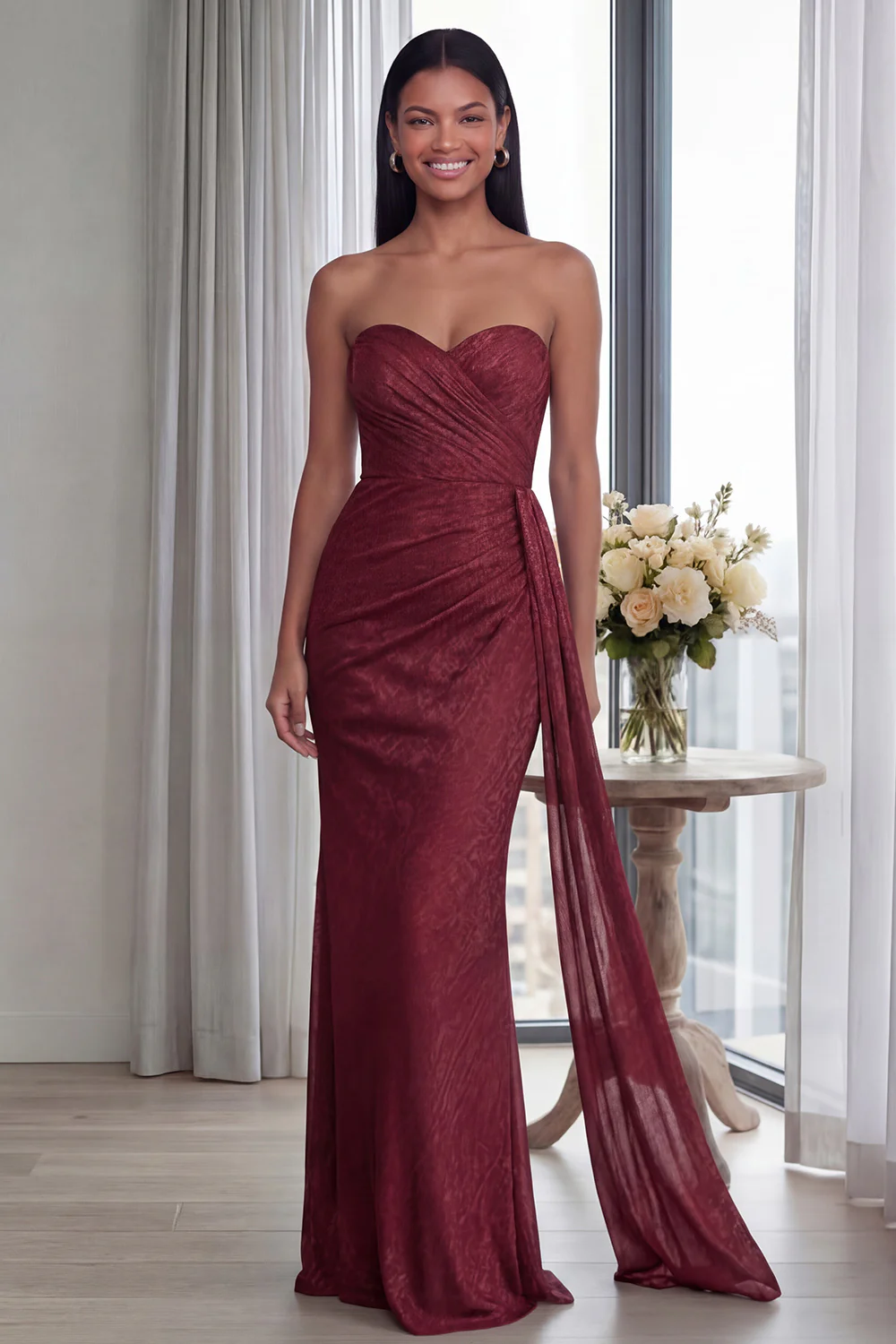 Back Strapless Sheath Ruched Long Evening Dress with Ribbon - Image 6