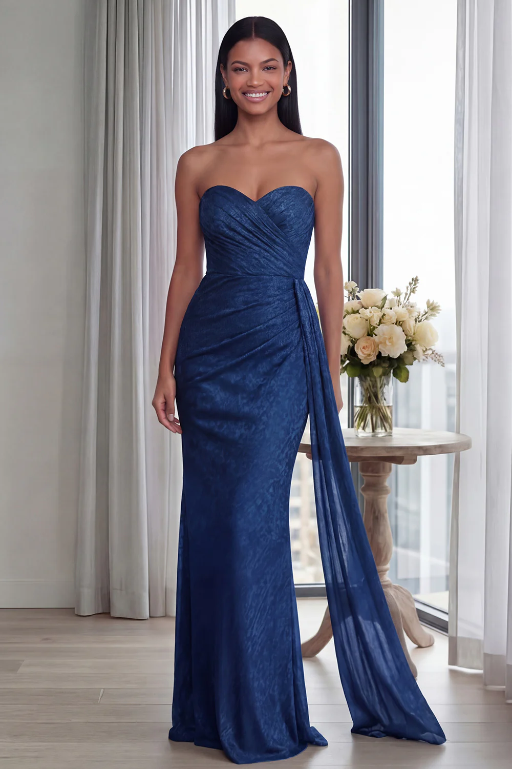 Back Strapless Sheath Ruched Long Evening Dress with Ribbon - Image 7