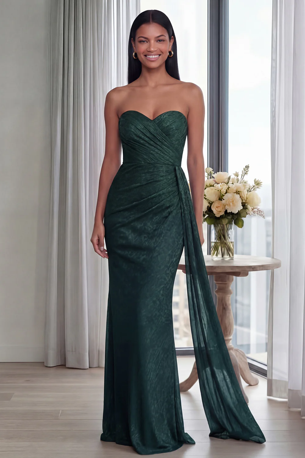 Back Strapless Sheath Ruched Long Evening Dress with Ribbon - Image 8