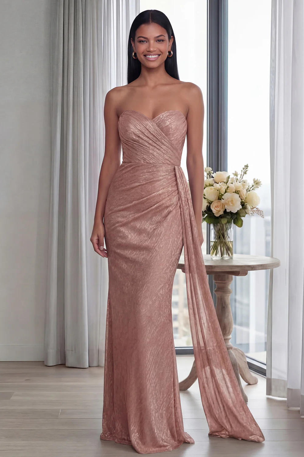 Back Strapless Sheath Ruched Long Evening Dress with Ribbon - Image 9