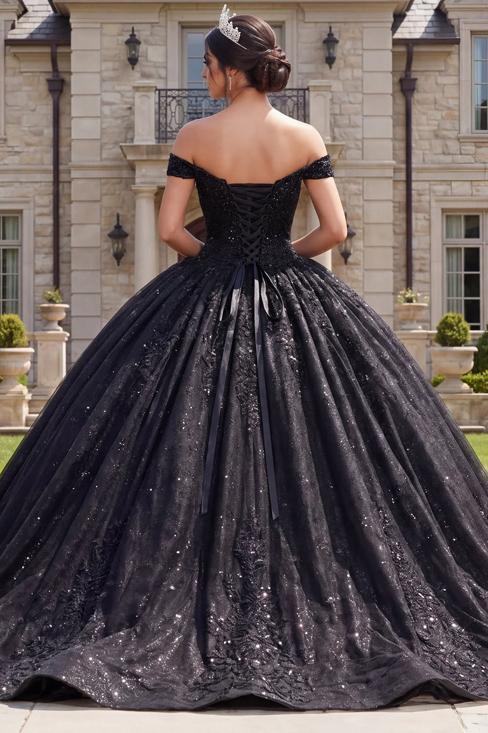Black Ball Gown Off the Shoulder Corset Quinceanera Dress with Sequins - Image 2