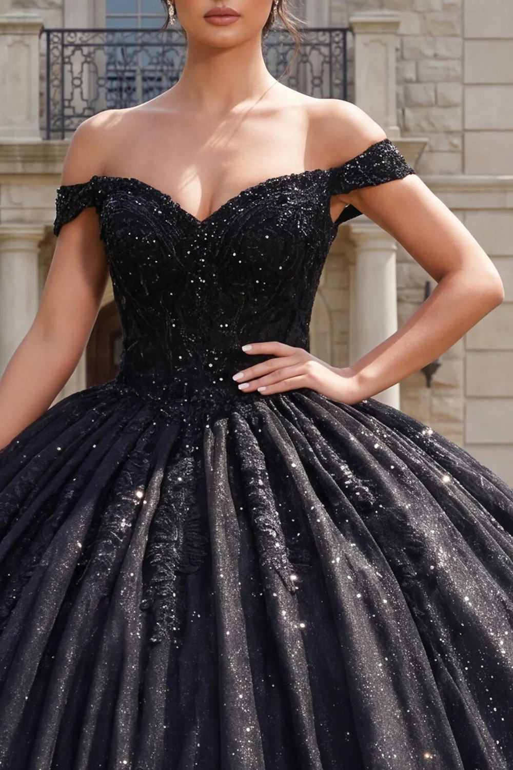 Black Ball Gown Off the Shoulder Corset Quinceanera Dress with Sequins - Image 3