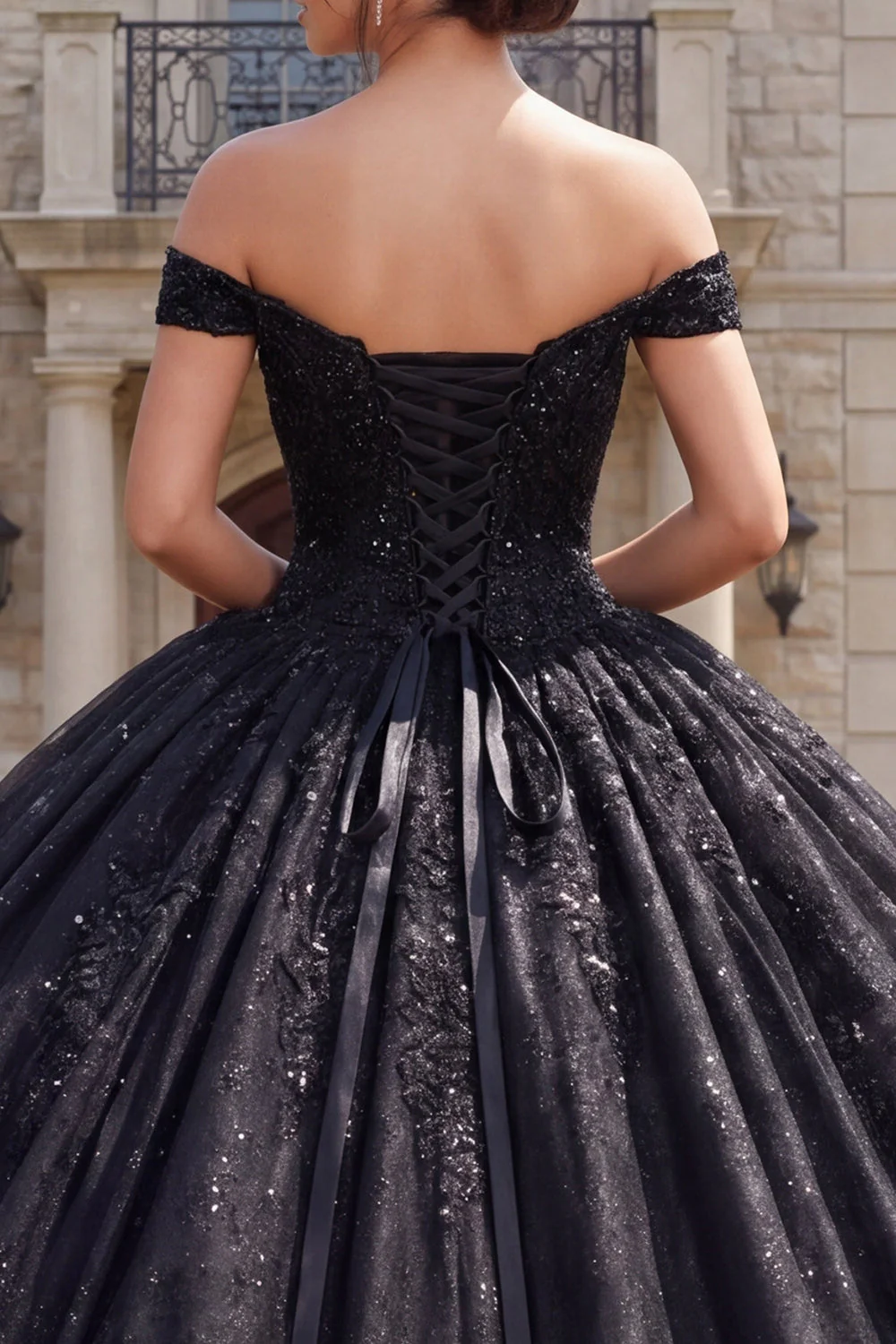 Black Ball Gown Off the Shoulder Corset Quinceanera Dress with Sequins - Image 4