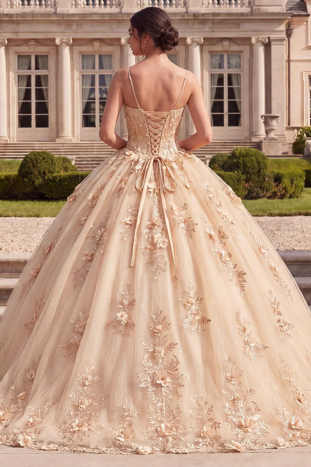 Champagne Ball Gown Corset Lace Up Back Quinceanera Dress with 3D Flowers - Image 2