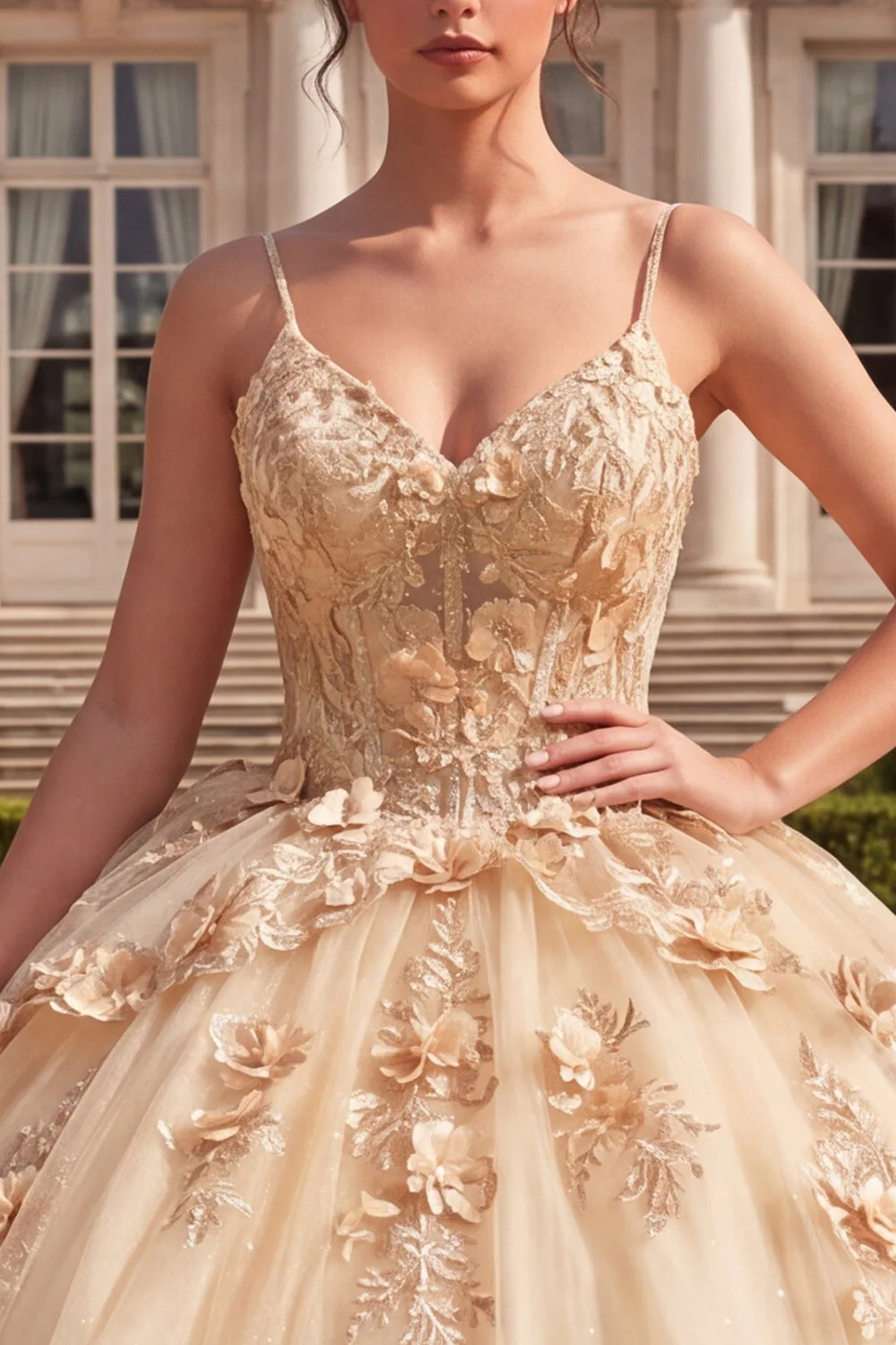 Champagne Ball Gown Corset Lace Up Back Quinceanera Dress with 3D Flowers - Image 3