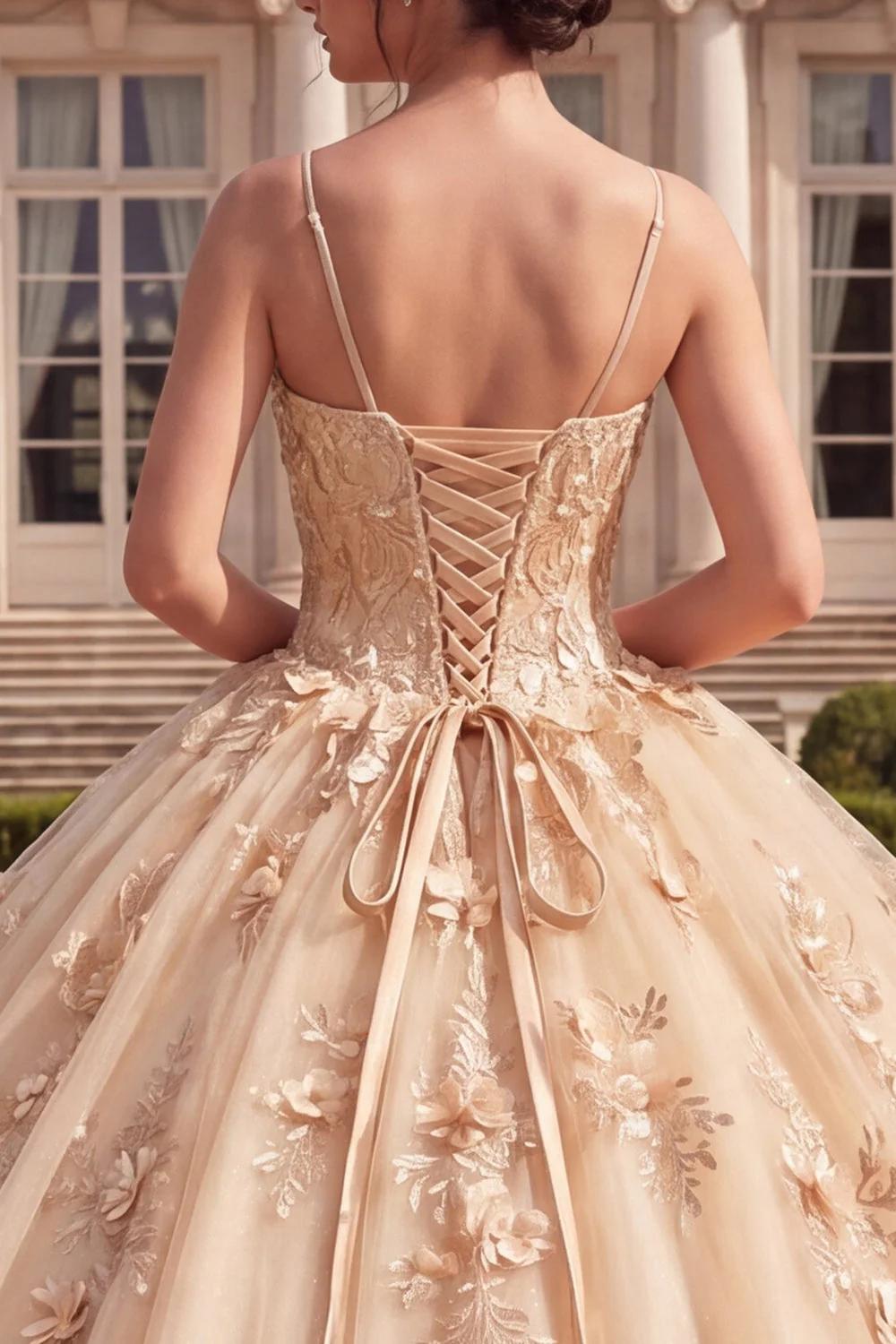 Champagne Ball Gown Corset Lace Up Back Quinceanera Dress with 3D Flowers - Image 4