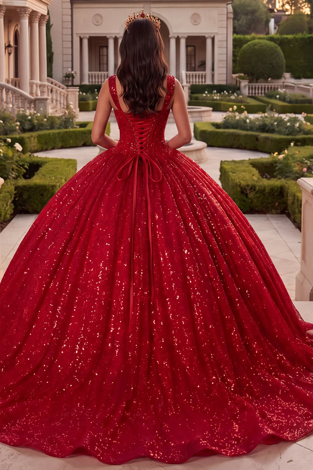 Red Ball Gown Corset Sequin Quinceanera Dress - Image 2