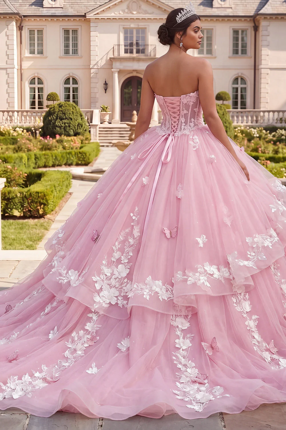 Pink Sweetheart Corset Floral Ball Gown Quinceanera Dress - Image 2