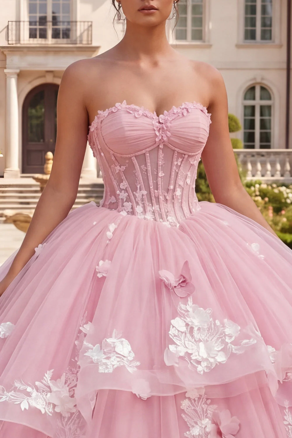 Pink Sweetheart Corset Floral Ball Gown Quinceanera Dress - Image 3