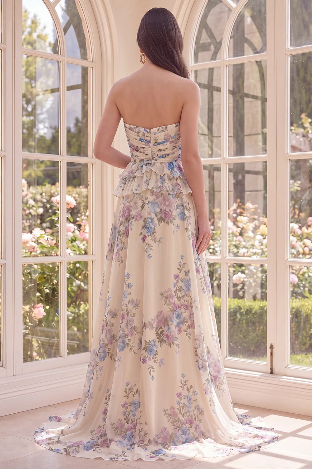 Apricot A Line Sweetheart Floral Dress with Ruffles - Image 2