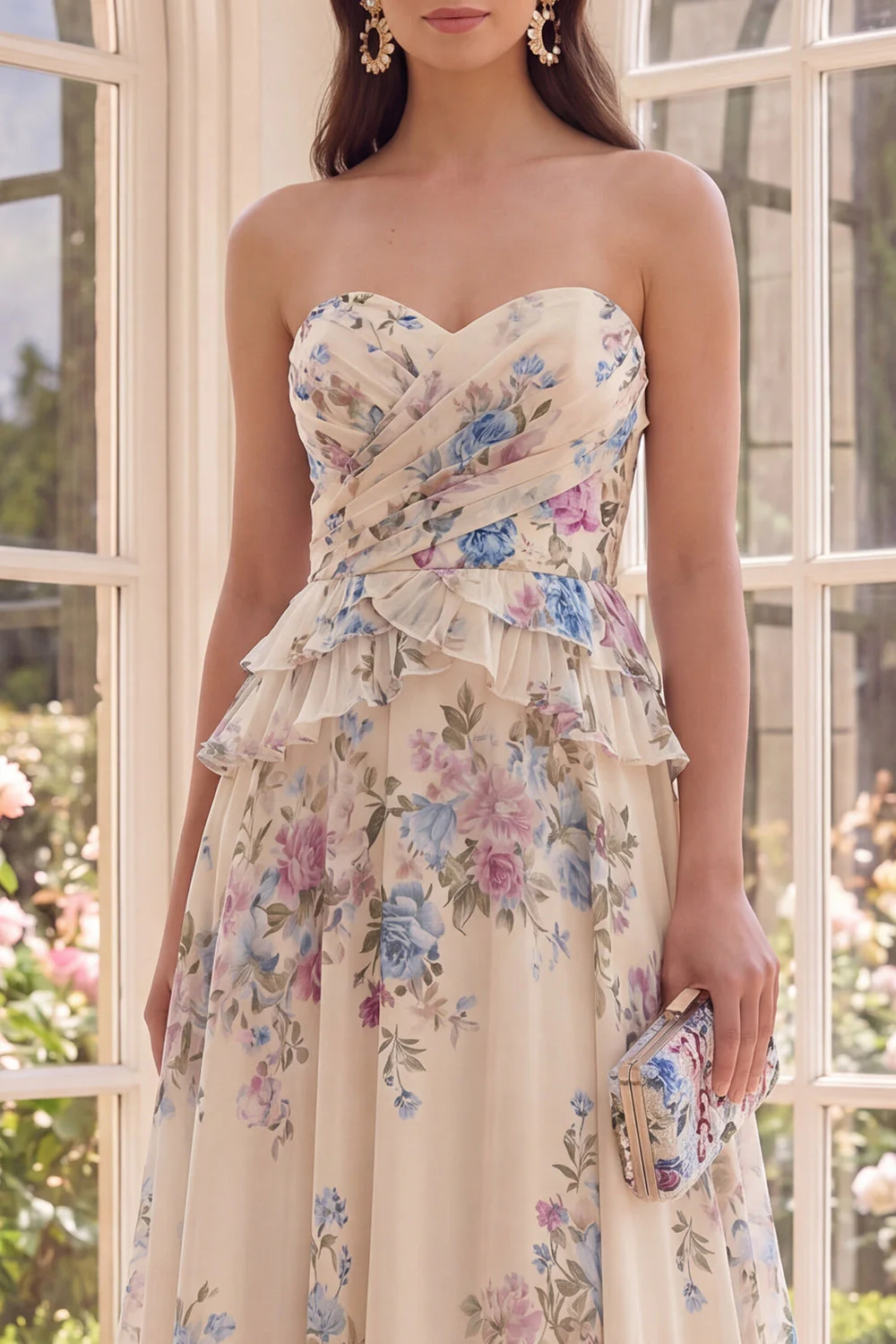 Apricot A Line Sweetheart Floral Dress with Ruffles - Image 3