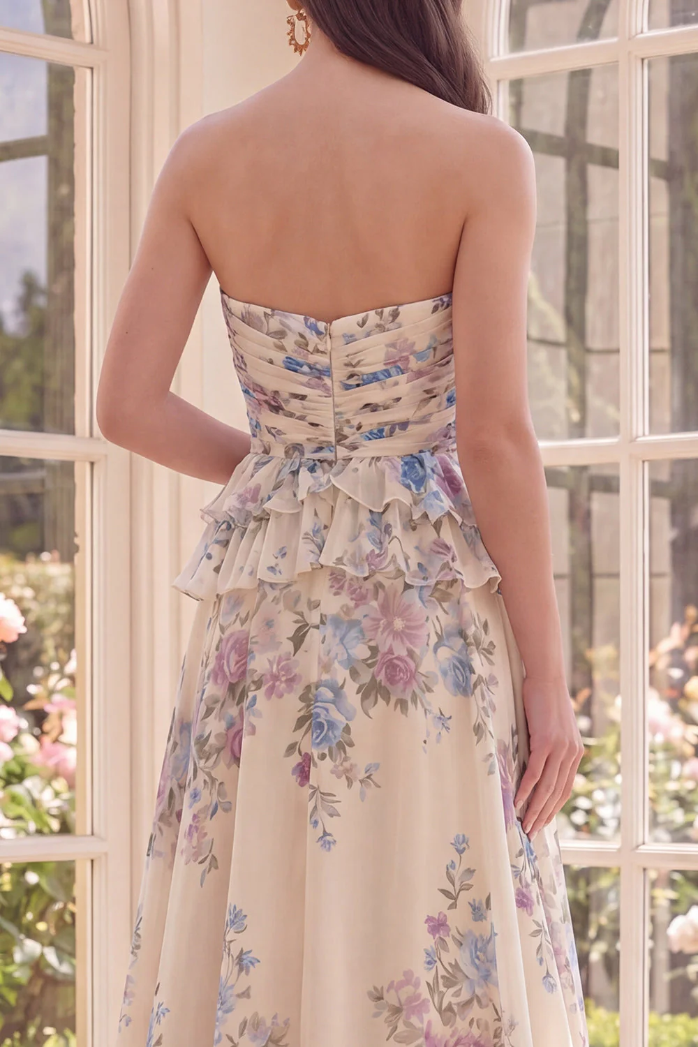 Apricot A Line Sweetheart Floral Dress with Ruffles - Image 4