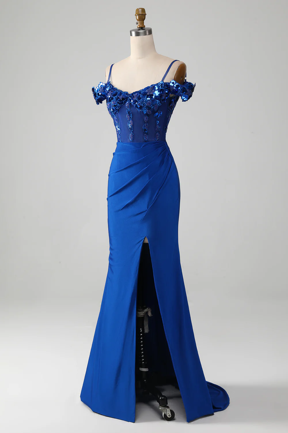 Beaded Royal Blue Corset Prom Dress with Slit - Image 4