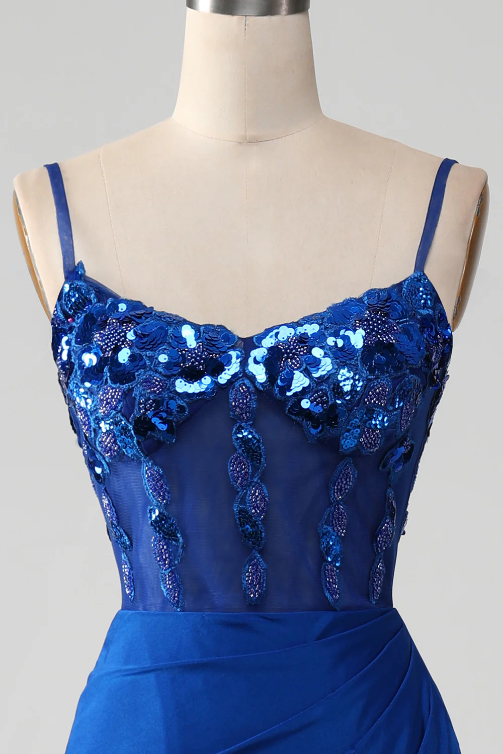Beaded Royal Blue Corset Prom Dress with Slit - Image 5