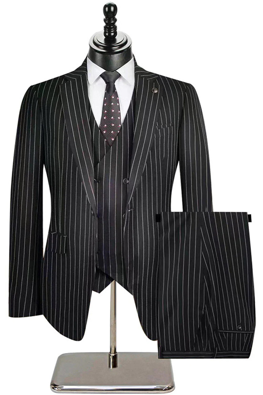 Beige Striped 3 Piece Notched Lapel Men's Suits - Image 10