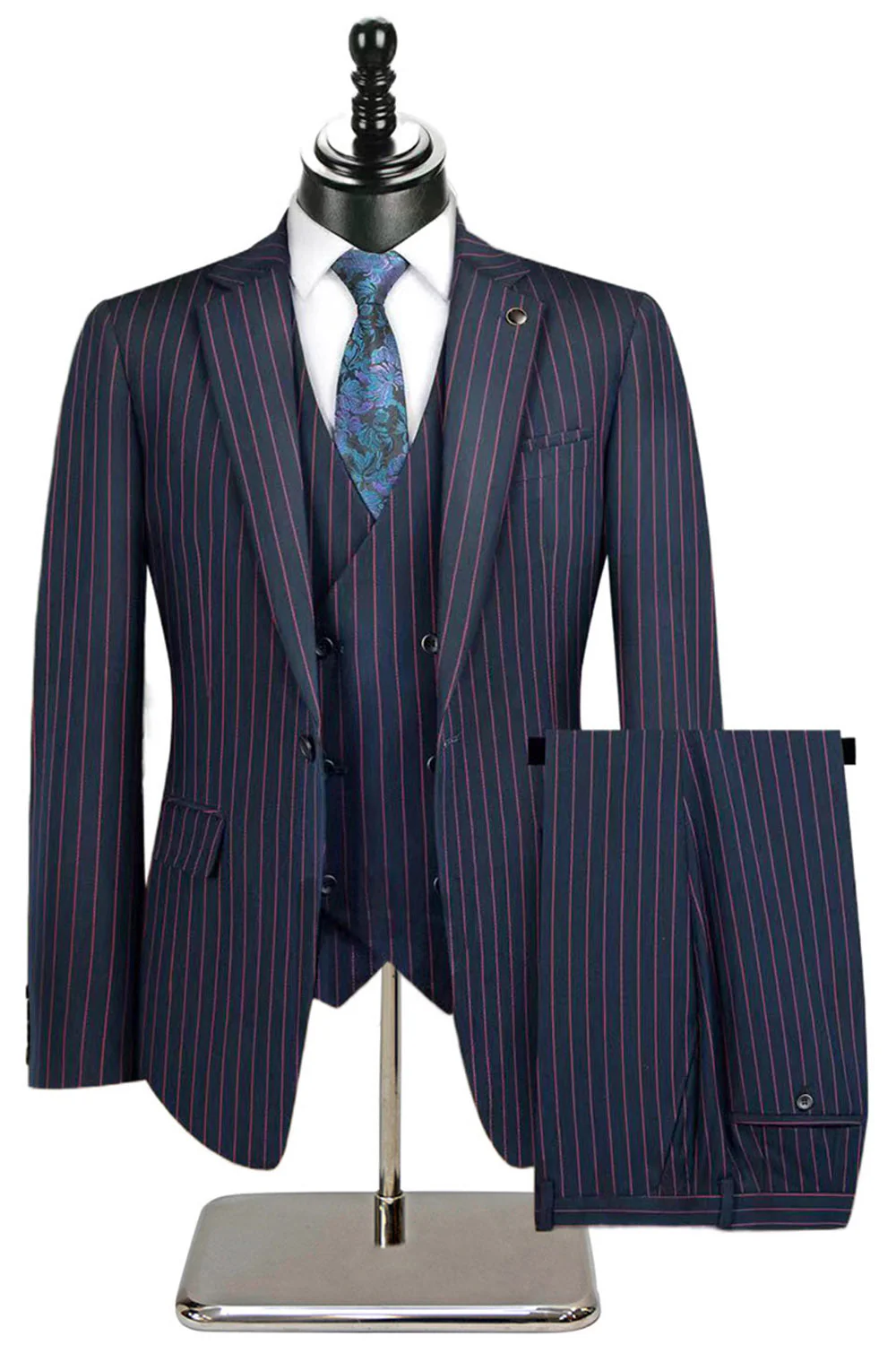 Beige Striped 3 Piece Notched Lapel Men's Suits - Image 11