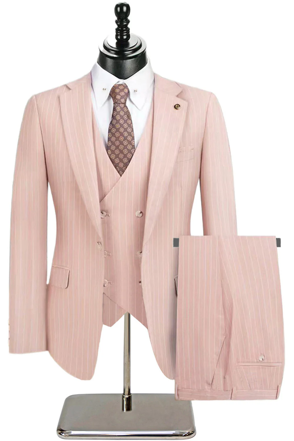 Beige Striped 3 Piece Notched Lapel Men's Suits - Image 12