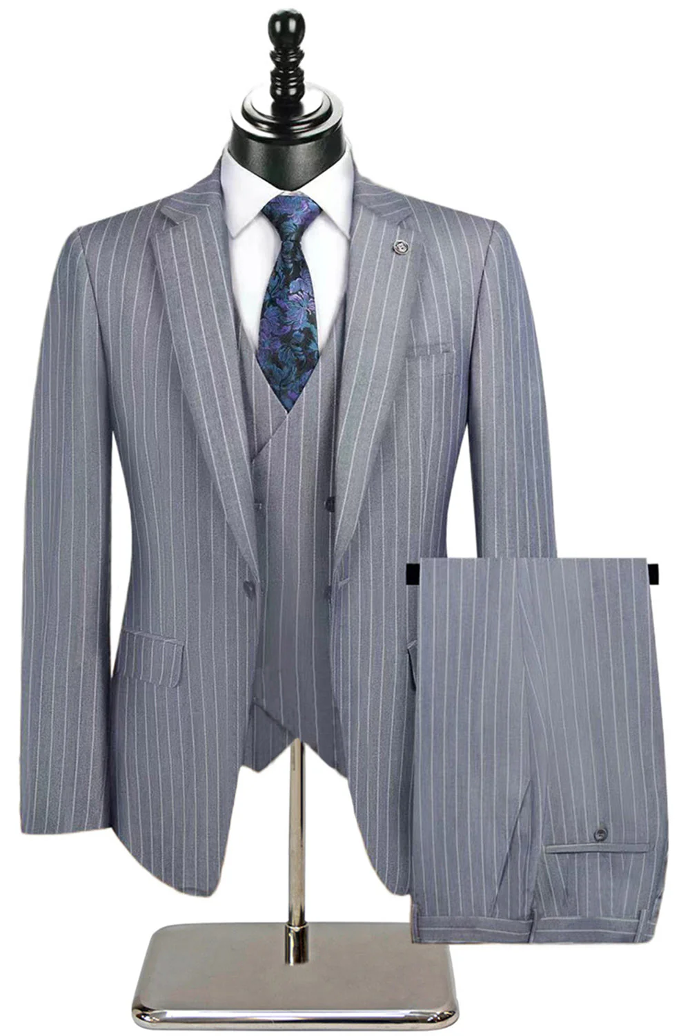 Beige Striped 3 Piece Notched Lapel Men's Suits - Image 13