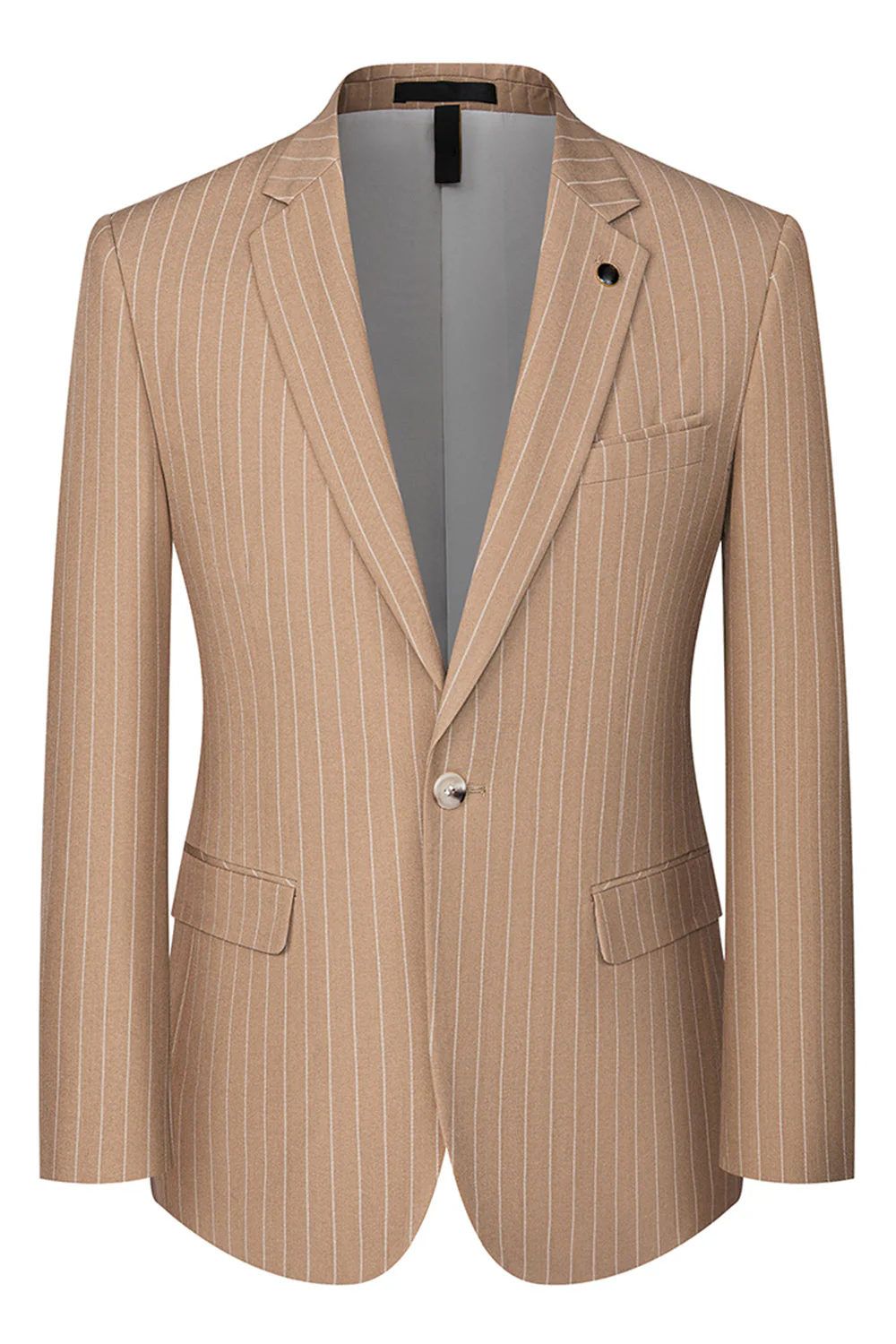 Beige Striped 3 Piece Notched Lapel Men's Suits - Image 2
