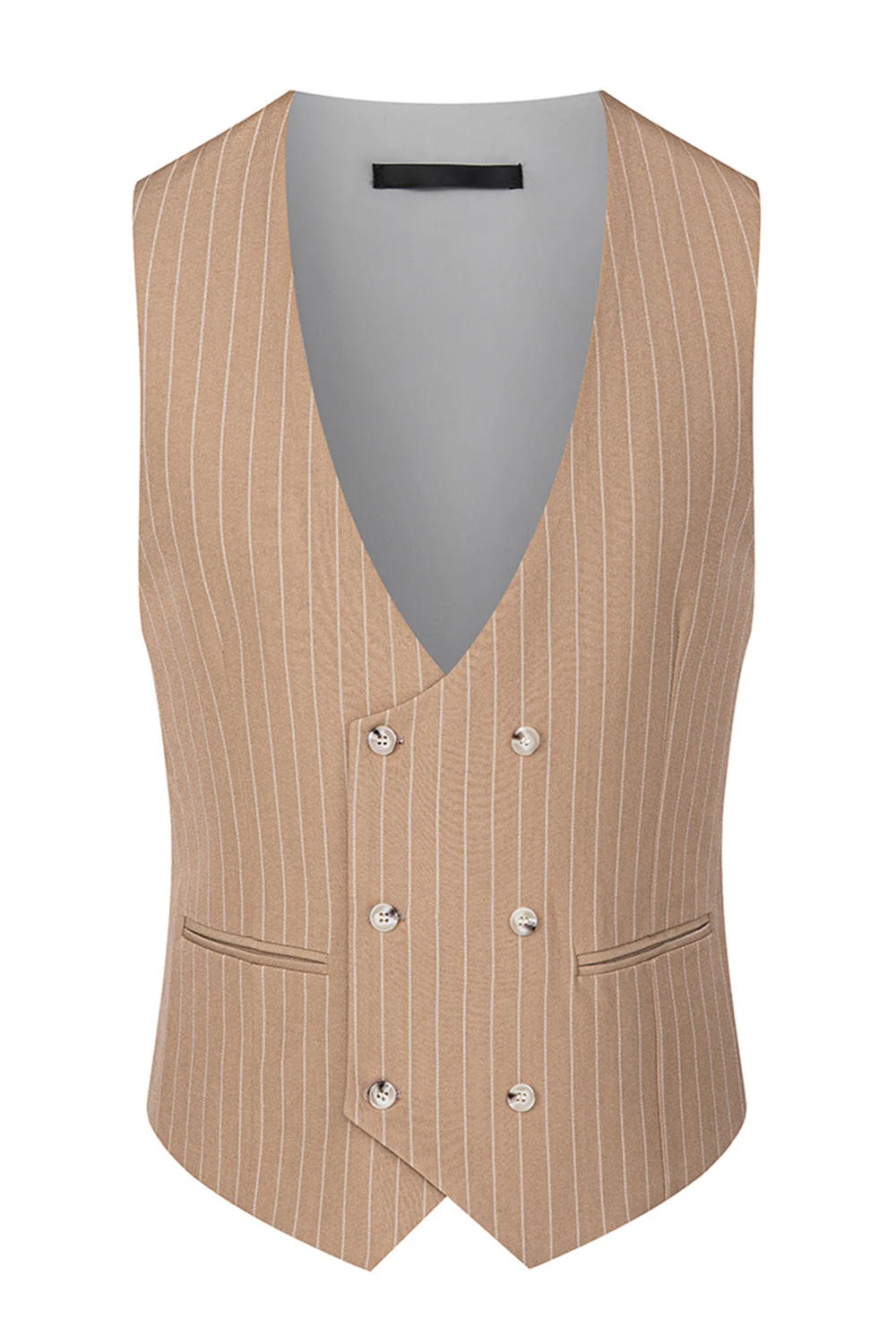 Beige Striped 3 Piece Notched Lapel Men's Suits - Image 4