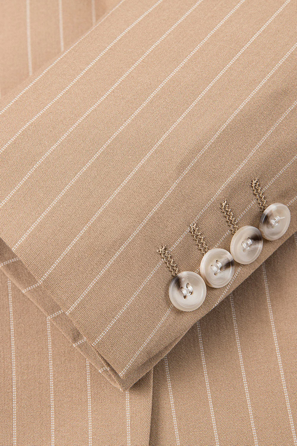 Beige Striped 3 Piece Notched Lapel Men's Suits - Image 7